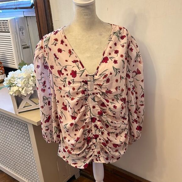 A Love Story pink floral sheer long sleeve button front blouse Size XL EUC - Picture 1 of 11